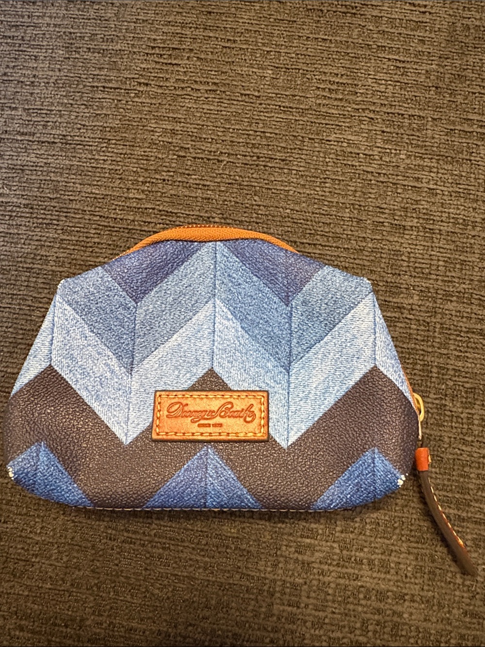 Dooney & Bourke Blue Chevron Cosmetic Pouch with Tan Accent